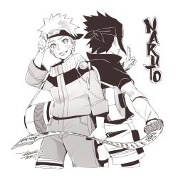 Rule 34 | 2boys, copyright name, dated, ejami, facial mark, forehead protector, greyscale, looking at viewer, male focus, monochrome, multiple boys, naruto, naruto (series), signature, simple background, smile, spiked hair, uchiha sasuke, uzumaki naruto, whisker markings, white background