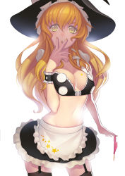 Rule 34 | 1girl, adapted costume, apron, black thighhighs, blonde hair, blush, bow, breasts, cleavage, finger to mouth, fiodo, garter straps, hair bow, hat, highres, kirisame marisa, long hair, looking at viewer, midriff, navel, panties, unworn panties, pantyshot, simple background, skirt, solo, star (symbol), thighhighs, touhou, underwear, upskirt, waist apron, white background, witch hat, wrist cuffs, yellow eyes