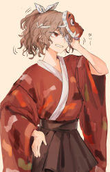 Rule 34 | 1other, ametsukana yago, androgynous, bandage over one eye, black hakama, bow, brown hair, clenched teeth, commentary request, cowboy shot, hair bow, hakama, hakama short skirt, hakama skirt, hand on own hip, hemo (hemoroda), highres, hyottoko mask, japanese clothes, kimono, len&#039;en, mask, mask on head, other focus, polka dot, polka dot bow, ponytail, red eyes, red kimono, simple background, skirt, teeth, translation request, wide sleeves, yellow background