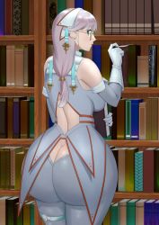 Rule 34 | 1girl, ass, bare shoulders, blush, bodysuit, book, bookshelf, breasts, butt crack, embarrassed, from behind, glasses, gloves, green eyes, grey hair, headdress, highres, huge ass, large breasts, long hair, looking at viewer, looking back, original, remomon0, shiny clothes, shiny skin, sideboob, skin tight, solo