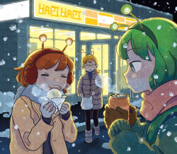 Rule 34 | 3girls, bag, brown gloves, character request, closed eyes, convenience store, drinking, eating, gloves, green eyes, green hair, green headwear, green jacket, happy, jacket, monaka (siromona), multiple girls, open clothes, open jacket, open mouth, orange hair, original, outdoors, plastic bag, red hair, red headwear, red scarf, scarf, shop, short hair, snow, snowing, white scarf, winter, winter clothes, yellow headwear, yellow jacket