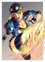 Rule 34 | 1girl, blonde hair, blue eyes, breasts, capcom, cleavage, final fight, final fight 3, fingerless gloves, fire, gloves, hat, highres, kicking, koda1ra, large breasts, lucia morgan, open mouth, police, police uniform, policewoman, ponytail, shorts, sidelocks, smile, street fighter, street fighter v, striped clothes, striped thighhighs, sunglasses, sunglasses on head, thighhighs, thighs, uniform