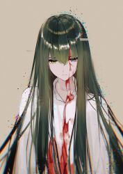 Rule 34 | 1other, androgynous, blood, blood on clothes, blood on face, commentary, corruption, enkidu (fate), eyebrows hidden by hair, fate/grand order, fate (series), green eyes, green hair, heterochromia, highres, kingu (fate), leria v, long hair, other focus, purple eyes, solo, upper body