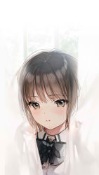 Rule 34 | 1girl, absurdres, almic, black bow, black bowtie, blush, bow, bowtie, brown hair, closed mouth, collared shirt, commentary request, curtains, dress shirt, expressionless, grey eyes, highres, looking at viewer, original, portrait, shirt, short hair, solo, upper body, white shirt