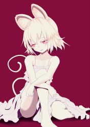 Rule 34 | 1girl, albino, alternate costume, animal ears, barefoot, blush, dress, highres, ishikkoro, looking at viewer, looking to the side, mouse ears, mouse tail, nazrin, open mouth, red background, red eyes, short hair, simple background, sitting, sleeveless, smile, solo, spot color, tail, touhou, white hair