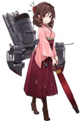 Rule 34 | 10s, 1girl, boots, brown hair, closed umbrella, drill hair, full body, harukaze (kancolle), high heels, japanese clothes, kantai collection, kimono, crossed legs, long hair, machinery, meiji schoolgirl uniform, official art, purple hair, smile, solo, standing, transparent background, twin drills, umbrella, watson cross