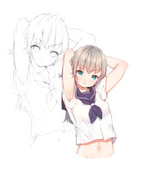 Rule 34 | 1girl, armpits, arms up, breasts, closed mouth, cropped torso, fangxiang cuoluan, green eyes, lineart, looking at viewer, medium breasts, multiple views, navel, neckerchief, original, ponytail, short sleeves, silver hair, simple background, upper body, white background