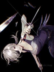 Rule 34 | 1girl, bare arms, belt, black background, black tank top, breasts, chainsaw man, collarbone, commentary, dual wielding, eyepatch, glint, holding, koshika rina, medium breasts, ponytail, purple eyes, quanxi (chainsaw man), shirt, short hair, short ponytail, sideways, simple background, solo, sword, tank top, torn clothes, torn shirt, weapon