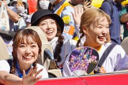 Rule 34 | 3girls, aqours, hand fan, komiya arisa, multiple girls, overalls, photo (medium), red car, saito shuka, smile, takatsuki kanako, voice actor