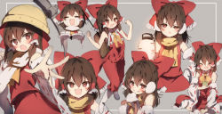 Rule 34 | 1girl, :3, :d, adapted costume, ascot, boots, bow, brown eyes, brown hair, closed eyes, cropped legs, cropped torso, detached sleeves, earmuffs, grey background, hair bow, hakurei reimu, holding, holding lantern, indian style, lantern, looking at viewer, mining helmet, nontraditional miko, open mouth, pants, pickaxe, piyokichi, red bow, red pants, red shirt, red skirt, scarf, shirt, sitting, skirt, smile, solo, standing, suspenders, touhou, white footwear, wide sleeves, yellow ascot, yellow scarf