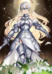 Rule 34 | 1girl, armor, armored dress, blonde hair, blue eyes, blush, breasts, fate/apocrypha, fate (series), faulds, gauntlets, headpiece, highres, holding, holding sword, holding weapon, jeanne d&#039;arc (fate), jeanne d&#039;arc (ruler) (fate), jeanne d&#039;arc (third ascension) (fate), karlwolf, large breasts, long hair, looking at viewer, panties, plackart, smile, solo, standard bearer, sword, thighhighs, underwear, very long hair, weapon