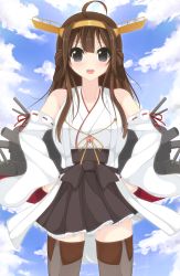 Rule 34 | 10s, 1girl, ahoge, bad id, bad nicoseiga id, bare shoulders, blue sky, brown hair, chimunge, cloud, day, detached sleeves, frilled skirt, frills, grey eyes, hairband, hands on own hips, heart, highres, kantai collection, kongou (kancolle), locked arms, long hair, nontraditional miko, open mouth, ribbon-trimmed sleeves, ribbon trim, skirt, sky, smile, solo, star (symbol), wide sleeves