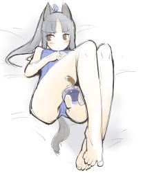 Rule 34 | 1girl, bare shoulders, barefoot, between legs, black hair, blush, brown eyes, cameltoe, feet, hattori shizuka, long hair, looking away, lying, miyafuji yoshika, mozu (peth), on back, one-piece swimsuit, ponytail, school swimsuit, sketch, solo, strike witches, swimsuit, tail, world witches series