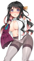 Rule 34 | &gt;:o, 10s, 1girl, 2015, :o, bad id, bad pixiv id, black hair, blush, breasts, contrapposto, covered erect nipples, cowboy shot, dated, dress shirt, female focus, grey pantyhose, hair ribbon, highres, holding, holding clothes, kantai collection, kuro chairo no neko, large breasts, long hair, long sleeves, multicolored hair, naganami (kancolle), navel, no bra, open clothes, open mouth, open shirt, panties, panties under pantyhose, pantyhose, partially undressed, paw print, pink hair, purple eyes, ribbon, ringed eyes, shirt, silver legwear, simple background, solo, standing, thighband pantyhose, twitter username, two-tone hair, underwear, v-shaped eyebrows, white background, white panties, yellow ribbon