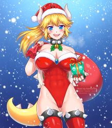 Rule 34 | 1girl, abs, bare shoulders, bell, bell earrings, black collar, blonde hair, blue eyes, blush, bowsette, bracelet, breasts, breath, burbur, cameltoe, christmas, cleavage, cleft of venus, collar, collarbone, covered erect nipples, cowboy shot, earrings, fingernails, forked eyebrows, fur trim, gift, gluteal fold, groin, hat, high ponytail, highleg, highleg leotard, holding, holding gift, horns, impossible clothes, jewelry, large breasts, leotard, licking lips, long hair, looking at viewer, mario (series), nail polish, neck bell, new super mario bros. u deluxe, nintendo, open mouth, over shoulder, pointy ears, ponytail, red nails, sack, santa costume, santa hat, seductive smile, sharp fingernails, sharp teeth, sidelocks, smile, snowing, solo, spiked bracelet, spiked collar, spiked shell, spiked tail, spiked thighlet, spikes, stomach, strapless, strapless leotard, tail, teeth, thighhighs, thighlet, toned, tongue, tongue out, turtle shell, watermark