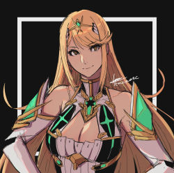 Rule 34 | 1girl, blonde hair, breasts, cleavage, cleavage cutout, clothing cutout, cm lynarc, dark background, detached sleeves, earrings, hair ornament, highres, jewelry, large breasts, long hair, looking at viewer, mythra (xenoblade), signature, solo, swept bangs, upper body, xenoblade chronicles (series), xenoblade chronicles 2, yellow eyes