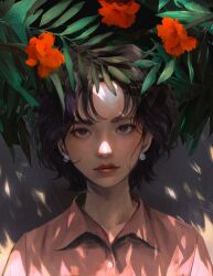 Rule 34 | 1girl, black hair, earrings, expressionless, flower, head tilt, highres, jewelry, leaf, lipstick, looking at viewer, makeup, original, pink shirt, red lips, shaded face, shadow, shirt, short hair, solo, upper body, wataboku