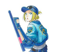 Rule 34 | 1girl, :o, bad id, bad twitter id, baton, baton (weapon), belt, blonde hair, blue eyes, emblem, eyewear on head, final fight, fingerless gloves, freckles, from behind, gloves, hat, ishiyuki, jacket, long sleeves, looking at viewer, looking back, lucia morgan, marker (medium), police, police hat, police uniform, short hair, simple background, solo, street fighter, street fighter v, sunglasses, traditional media, uniform, watercolor pencil (medium), weapon, white background