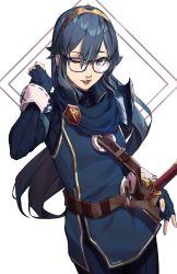 Rule 34 | 1girl, absurdres, armor, artist name, belt, belt buckle, blue-framed eyewear, blue eyes, blue gloves, blue hair, blue scarf, blue sweater, breastplate, buckle, commentary, english commentary, falchion (fire emblem), fingerless gloves, fire emblem, fire emblem awakening, fire emblem heroes, glasses, gloves, hair between eyes, hair ornament, highres, kuno (runkunochan), lips, lipstick, long hair, long sleeves, looking at viewer, lucina (fire emblem), makeup, nintendo, one eye closed, parted lips, ribbed sweater, scarf, sheath, sheathed, shoulder armor, signature, simple background, smile, solo, sweater, sword, teeth, tiara, turtleneck, turtleneck sweater, weapon