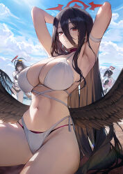 3girls absurdres ahoge alternate_costume angel_wings arm_behind_head arm_up armpits arms_behind_head arms_up bare_shoulders bikini black_bikini black_hair black_wings blue_archive blue_sky blush breasts choker cleavage closed_mouth cloud collarbone criss-cross_halter day feathered_wings feathers food food_in_mouth frilled_bikini frills hair_between_eyes halo halterneck hasumi_(blue_archive) highleg highleg_bikini highres huge_breasts jacket justice_task_force_(blue_archive) large_breasts layered_bikini long_hair looking_at_viewer low_wings mashiro_(blue_archive) mashiro_(swimsuit)_(blue_archive) mmlyno multiple_girls navel official_alternate_costume outdoors pink_jacket popsicle popsicle_in_mouth presenting_armpit red_eyes side-tie_bikini_bottom sitting sky stomach swimsuit thighs tsurugi_(blue_archive) tsurugi_(swimsuit)_(blue_archive) very_long_hair white_bikini wings