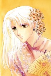 Rule 34 | 1other, ambiguous gender, androgynous, clamp, earrings, hand fan, flower, green eyes, highres, hisui (wish), jewelry, long hair, upper body, white hair, wish