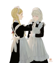 Rule 34 | 2girls, absurdres, adjusting clothes, alternate costume, apron, back bow, black dress, blonde hair, blush, bob cut, bow, braid, cowboy shot, dated, dress, dressing another, dungeon meshi, elf, enmaided, falin touden, falin touden (tallman), green eyes, hair behind ear, highres, long hair, long sleeves, maid, maid apron, maid headdress, marcille donato, multiple girls, neck ribbon, parted lips, pointy ears, profile, ribbon, short hair, silver hair, smile, standing, sunakienn, twin braids, twintails, white apron, white bow, white ribbon, yellow eyes