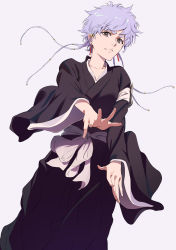 Rule 34 | 1girl, black kimono, bleach, closed mouth, collarbone, earrings, grey eyes, highres, ibaraki shun, japanese clothes, jewelry, kimono, kotetsu isane, long sleeves, looking at viewer, short hair with long locks, sidelocks, silver hair, simple background, solo, white background, wide sleeves