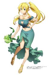 Rule 34 | 1girl, absurdres, blonde hair, bouquet, breasts, cleavage, collarbone, dress, elf, flower, green dress, green eyes, green flower, green rose, heels, highres, japanese text, large breasts, leafa, long hair, looking at viewer, midriff, narrow waist, navel, official art, pointy ears, ponytail, rose, sandals, smile, solo, sword art online, tagme, toes, white background