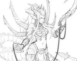 Rule 34 | 1girl, armor, chaos (warhammer), demon horns, dragon tail, ember (khornette quest), greyscale, highres, horns, less, looking to the side, monochrome, navel, pauldrons, pointy ears, ponytail, serious, shoulder armor, skull, tail, warhammer 40k
