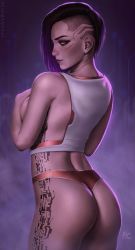 Rule 34 | 1girl, ass, asymmetrical hair, back, breasts, commentary request, covering privates, covering breasts, crop top, cyberpunk, cyberpunk (series), cyberpunk 2077, cyborg, dark-skinned female, dark skin, eyeshadow, highres, looking at viewer, looking back, makeup, medium breasts, medium hair, panties, purple hair, purple lips, sciamano240, signature, solo, standing, tattoo, topless, undercut, underwear, underwear only, v (cyberpunk), yellow eyes