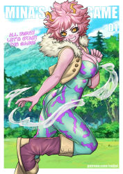 Rule 34 | 1girl, ashido mina, ass, black sclera, bodysuit, boku no hero academia, boots, breasts, brown jacket, character name, colored sclera, colored skin, english text, from side, fur-trimmed jacket, fur trim, green bodysuit, grin, hand up, horns, jacket, large breasts, looking at viewer, outdoors, pink footwear, pink hair, pink skin, redjet, short hair, smile, solo, teeth, tree, watermark, web address, yellow eyes