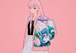 Rule 34 | 1girl, artist name, backpack, bag, black eyes, cowboy shot, hands in pockets, hood, hoodie, jacket, long hair, looking at viewer, meyoco, midriff, open clothes, open jacket, original, pink background, pink hair, simple background, skirt, solo, sparkle, wave print
