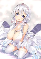 Rule 34 | 1girl, absurdres, azur lane, bare shoulders, breasts, cleavage, collarbone, commentary request, dress, elbow gloves, garter straps, gloves, hair between eyes, hair ribbon, highres, illustrious (azur lane), illustrious (morning star of love and hope) (azur lane), kazuchi, large breasts, long hair, looking at viewer, low twintails, mole, mole under eye, open mouth, purple eyes, ribbon, silver hair, sitting, smile, solo, strapless, strapless dress, thighhighs, tiara, tress ribbon, tri tails, twintails, wedding dress, white dress, white gloves, white thighhighs