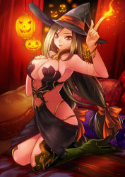 Rule 34 | 1girl, armpits, bare shoulders, blonde hair, breasts, cleavage, fire, halloween, hat, high heels, highres, jack-o&#039;-lantern, kneeling, large breasts, light smile, long hair, original, pumpkin, purple eyes, raised eyebrow, shoes, solo, tamachi kuwa, witch, witch hat