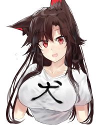 Rule 34 | 1girl, animal ears, bad id, bad pixiv id, blush, breasts, brown hair, clothes writing, collarbone, cropped arms, cropped torso, fang, flying sweatdrops, head tilt, highres, imaizumi kagerou, large breasts, long hair, looking at viewer, open mouth, red eyes, shirt, simple background, sketch, solo, suminagashi, t-shirt, touhou, upper body, white background, white shirt, wolf ears