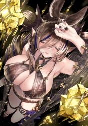 Rule 34 | 1girl, 218, animal ears, asymmetrical hair, between breasts, breasts, brown hair, brown horns, choker, closed eyes, collarbone, extra ears, from above, galleon (granblue fantasy), granblue fantasy, horns, large breasts, long hair, looking up, multicolored hair, pointy ears, ribbon choker, solo, staff, streaked hair, swimsuit, thigh strap