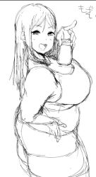 Rule 34 | 1girl, bare shoulders, belly, blonde hair, brand name imitation, breasts, cleavage, fat, greyscale, hooters, huge breasts, long hair, looking at viewer, looking back, monochrome, morisoba (silent hill), plump, short shorts, shorts, simple background, sketch, solo, tank top, thick thighs, thighs, translation request, tray, white background