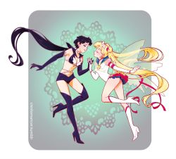 Rule 34 | 1990s (style), 2girls, artist name, bikini, bikini top only, bishoujo senshi sailor moon, bishoujo senshi sailor moon sailor stars, black footwear, black gloves, black hair, black legwear, blonde hair, blue sailor collar, boots, breasts, brooch, butterfly wings, circlet, cleavage, closed eyes, crescent, crescent earrings, crescent facial mark, crestomancer, double bun, earrings, elbow gloves, eternal sailor moon, facial mark, female focus, forehead mark, frilled skirt, frills, gloves, groin, hair bun, hair ornament, heart, heart brooch, high heel boots, high heels, highres, insect wings, interlocked fingers, jewelry, knee boots, layered skirt, long hair, magical girl, microskirt, midriff, multiple girls, navel, ponytail, purple eyes, retro artstyle, ribbon, sailor collar, sailor moon, sailor star fighter, seiya kou, shorts, skirt, star (symbol), star earrings, stiletto heels, swimsuit, thigh boots, thighhighs, tsukino usagi, twintails, very long hair, white footwear, white gloves, wing brooch, wings, yuri