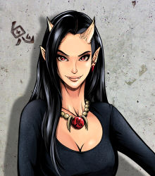 Rule 34 | 1girl, absurdres, against wall, asymmetrical hair, beads, black hair, black sweater, breasts, cleavage, commentary request, ear piercing, earrings, fangs, forehead, highres, horns, jewelry, lips, long hair, looking at viewer, medium breasts, necklace, oni, oni horns, oni nee-san (to-ru), original, piercing, prayer beads, smile, solo, sweater, to-ru, undercut