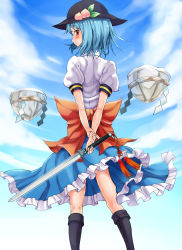 Rule 34 | 1girl, alternate hair length, alternate hairstyle, back, blouse, blue door, blue hair, blush, boots, bow, female focus, food, fruit, hat, hinanawi tenshi, keystone, large bow, looking back, peach, red eyes, ribbon, rope, shide, shimenawa, shirt, short hair, skirt, solo, standing, sword, sword of hisou, touhou, weapon