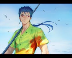 Rule 34 | 1boy, bird, blue hair, buttons, cloud, collared shirt, cu chulainn (fate), cu chulainn (fate/stay night), day, earrings, fate/stay night, fate (series), fishing rod, holding, jewelry, long hair, looking to the side, male focus, official alternate costume, outdoors, ponytail, red eyes, seagull, shirt, sky, smile, solo, spiked hair, suda ayaka, type-moon