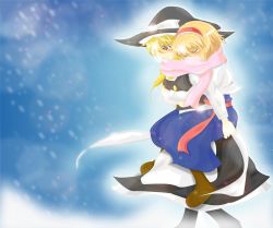 Rule 34 | 2girls, alice margatroid, apron, arms around waist, aura, bad id, bad pixiv id, blonde hair, blue background, blush, boots, capelet, carrying, chi-chi (pixiv984250), closed eyes, covering own mouth, dress, hairband, hat, hat ribbon, kirisame marisa, lolita hairband, long hair, long sleeves, looking down, multiple girls, parted lips, piggyback, ribbon, sash, scarf, shared clothes, shared scarf, short hair, skirt, skirt set, snowing, touhou, waist apron, witch hat, yellow eyes, yuri