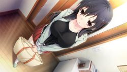 Rule 34 | 1girl, bag, black hair, book, book stand, breasts, brown eyes, collarbone, door, dutch angle, from above, game cg, hair ornament, hairclip, hinasaki you, holding, jacket, large breasts, long hair, own hands together, parted lips, skirt, smile, solo, standing, thighhighs, tsuisou no augment, umekawa shiho, v arms, white thighhighs, zettai ryouiki