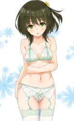 Rule 34 | 1girl, bad id, bad pixiv id, bare shoulders, black hair, blush, bokokichi (you), bra, breasts, garter belt, garter straps, green eyes, hair bobbles, hair ornament, highres, lace, lace-trimmed legwear, lace-trimmed panties, lace trim, lingerie, looking at viewer, navel, open mouth, original, panties, short hair, solo, thighhighs, underboob, underwear, underwear only