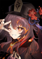 Rule 34 | 1girl, black background, black hat, black nails, blush, brown hair, flower, genshin impact, gradient hair, grin, hair between eyes, hat, hat flower, hu tao (genshin impact), jewelry, long hair, looking at viewer, multicolored hair, multiple rings, nail polish, one eye closed, red eyes, red flower, red hair, ring, sidelocks, signature, simple background, smile, solo, symbol-shaped pupils, twintails, upper body, v, v over eye, wumumu