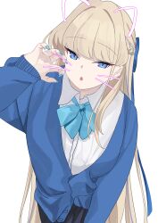 Rule 34 | 1girl, absurdres, blonde hair, blue archive, blue bow, blue bowtie, blue eyes, blue nails, blue sweater, blunt bangs, bow, bowtie, claw pose, fingernails, highres, long fingernails, looking at viewer, nail polish, open mouth, sweater, tnr (horiko1525), toki (blue archive)