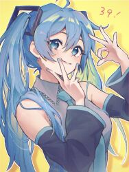 Rule 34 | 1girl, 39, ahoge, aqua eyes, aqua hair, aqua necktie, aqua trim, bare shoulders, black sleeves, blush, closed mouth, collared shirt, commentary request, detached sleeves, fingersmile, frilled shirt, frilled shirt collar, frills, grey shirt, hair between eyes, hair ornament, hands up, haru1suama, hatsune miku, highres, long hair, long sleeves, looking at viewer, nail polish, necktie, ok sign, outline, shirt, sleeveless, sleeveless shirt, smile, twintails, upper body, vocaloid, white outline, yellow background