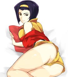 Rule 34 | 1girl, ass, bare shoulders, breast press, breasts, cafekun, cowboy bebop, crop top, faye valentine, from behind, green eyes, hairband, highres, jacket, large breasts, looking at viewer, looking back, lying, no panties, hugging object, off shoulder, on side, partially visible vulva, pillow, pillow hug, pink thighhighs, purple hair, red jacket, shirt, short hair, short shorts, shorts, solo, thighhighs, thighs, upshorts, yellow hairband, yellow shirt, yellow shorts