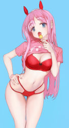 Rule 34 | 1girl, blue background, blue eyes, bra, breasts, candy, choker, cleavage, clothes lift, commentary, cowboy shot, english commentary, food, hand on own hip, hand up, highres, kuzel (bonolangje), leaning forward, lifted by self, lollipop, long hair, looking at viewer, mole, mole on breast, mole on stomach, multi-strapped panties, navel, open mouth, original, panties, pink hair, pink shirt, red bra, red choker, red panties, shirt, shirt lift, short sleeves, simple background, small breasts, solo, stomach, t-shirt, tongue, tongue out, underwear