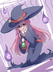 Rule 34 | 1girl, blue eyes, bocchi the rock!, commission, cosplay, dress, evil smile, fire, full body, gloom (expression), gotoh hitori, hair ornament, hat, highres, holding, illustratorhide, little witch academia, long hair, luna nova school uniform, pink hair, pixiv commission, potion, purple background, purple dress, purple fire, school uniform, shirt, smile, sucy manbavaran, sucy manbavaran (cosplay), sweatdrop, white shirt, witch, witch hat, worried